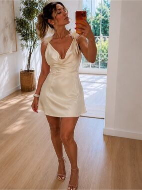 Feather-Trim Satin Mini Dress in Cream